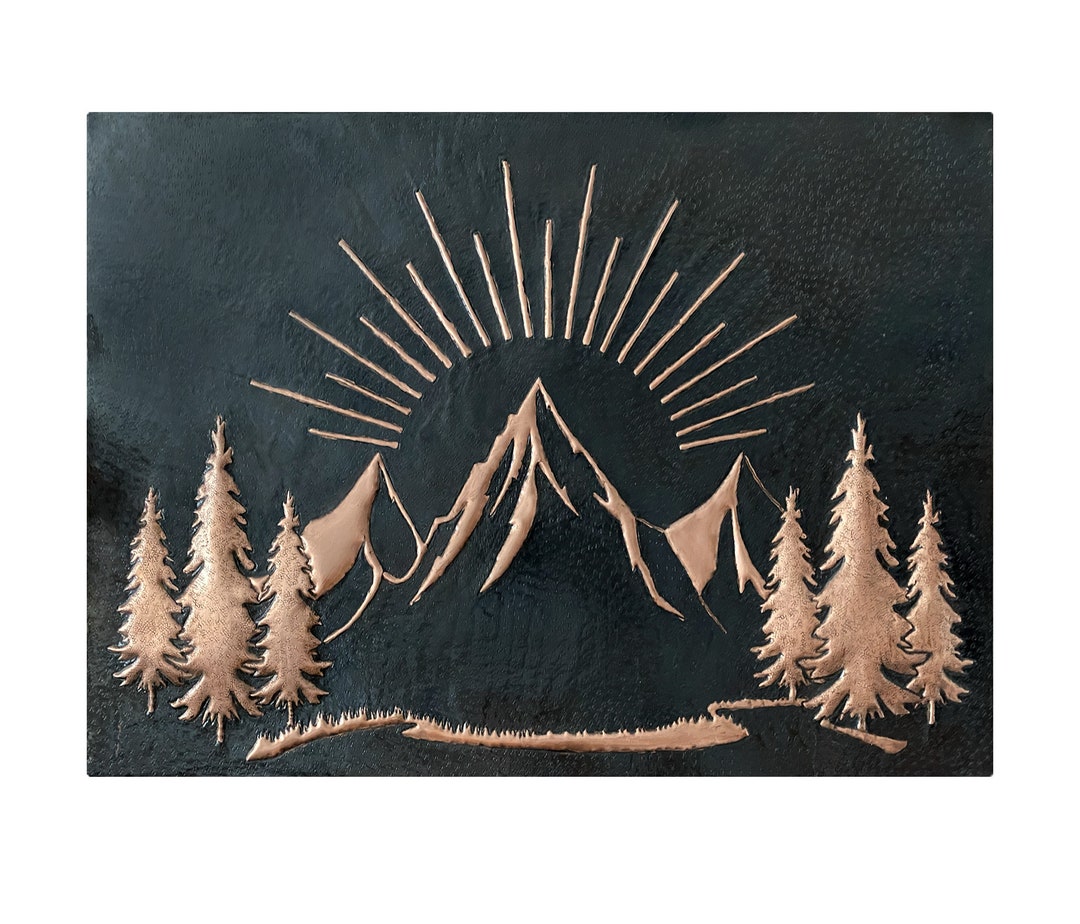 Mountain Sunrise Wall Art - Hammered Copper With Sun and Grassland ...
