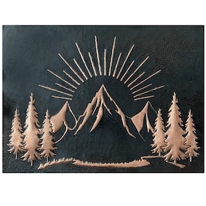 Hammered Copper Mountain Sunrise Wall Art: Rustic Nature Decor