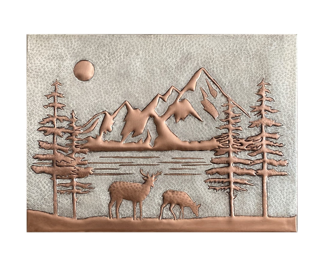 Hammered Copper Wall Art: Mountain Lake Scene With Deer - Etsy