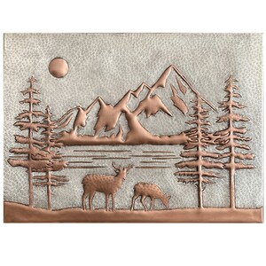 Hammered Copper Wall Art: Mountain Lake Scene with Deer