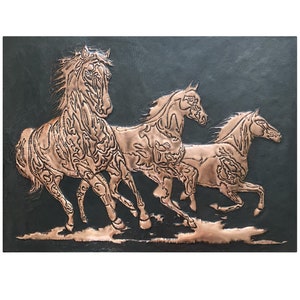 Horses Wall Sculpture, Copper Horses Relief, Horse Metal Artwork, Copper Horses Wall Art, American Home Decor, Large Western Metal Art