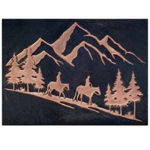 Hammered Copper Cowboy Wall Art: Rustic Mountain Pine Landscape