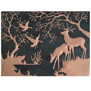 Hammered Copper Backsplash Tile: Deer at Lake, Rustic Nature Art