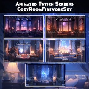 May include: Animated Twitch screens featuring a cosy room setting with a window overlooking fireworks in the night sky. The screens display the text "Starting Soon", "Be Right Back", "Ending Soon", and "Offline".