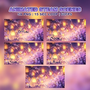 Puede incluir: Gráfico de escenas animadas de Steam con cinco escenas diferentes. Cada escena presenta un paisaje nocturno con linternas brillantes y flores moradas. El texto incluye "Stream Offline", "Starting Soon...", "Ending Soon..." y "Be Right Back".