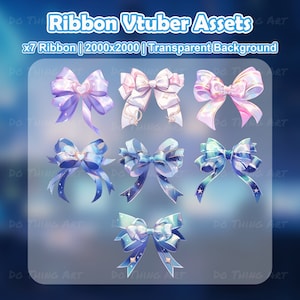 May include: Seven digital illustrations of pastel-colored bows with sparkling details. The bows are arranged in a grid pattern on a light blue background. The text "Ribbon Vtuber Assets" is at the top of the image. The text "x7 Ribbon | 2000x2000 | Transparent Background" is below the title.