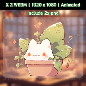 Puede incluir: Un gato blanco de dibujos animados asomándose a una maceta de terracota con plantas verdes de hojas. El gato tiene mejillas naranjas y una pequeña sonrisa. El fondo está desenfocado y tiene un tono naranja cálido.