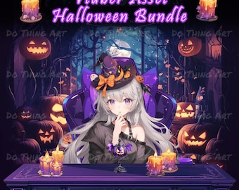 May include: A purple and black gaming chair with cat ears and a witch hat. The chair is in front of a background of Halloween pumpkins and trees. The text "Vtuber Asset Halloween Bundle" is at the top of the image.