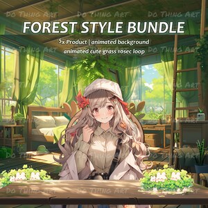 May include: A digital illustration of a young woman with long, gray hair sitting in a chair in a room with a forest-themed background. She is wearing a white hat, a white shirt, and a brown jacket. The room has a bed, a desk, and a ladder. The background is a green forest with trees and bushes. The text "FOREST STYLE BUNDLE" is at the top of the image. The text "5x Product | animated background animated cute grass 10sec loop" is below the title.