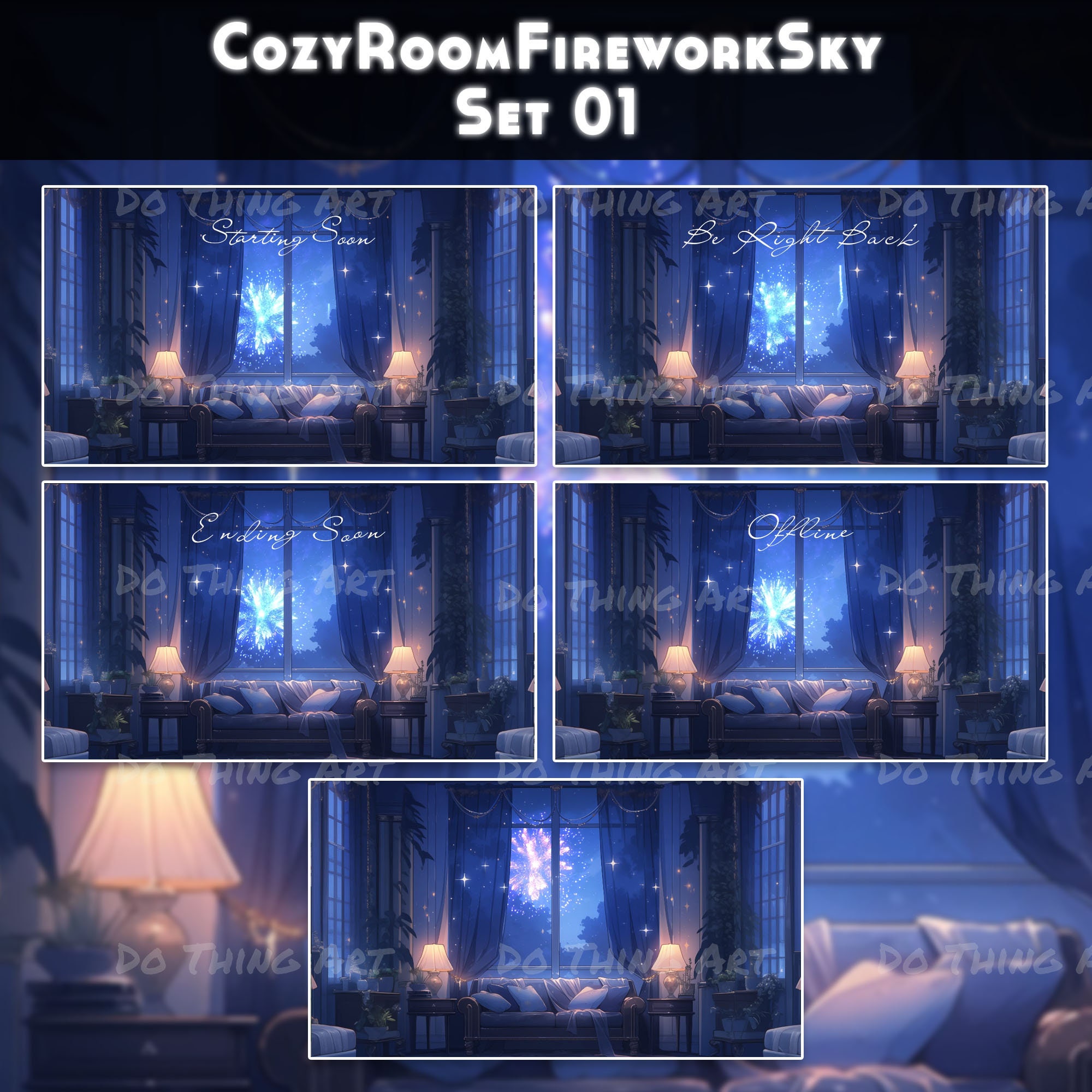 5 Set Animated Background Bundle - Cozy Room With Fireworks | Twitch ...