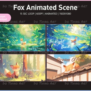 Peut inclure: Un pack de scènes animées numériques représentant un renard dans divers décors avec du texte. Les scènes incluent un renard dans un ruisseau forestier avec 'Starting Soon', 'Be Right Back', 'Ending Soon' et un renard dormant sur un toit avec 'Stream Offline'.