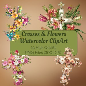 Watercolor Crosses Clipart | Floral Cross PNG | Floral Cross Clipart | Personal and Commercial Use | Watercolor Flower Cross Clipart