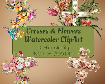 Watercolor Crosses Clipart | Floral Cross PNG | Floral Cross Clipart | Personal and Commercial Use | Watercolor Flower Cross Clipart