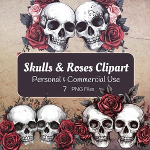 Gothic Skull and Roses Clipart Pack - Digital Download, Dark Floral Skull Art, Tattoo Design Graphics, Instant PNG Files
