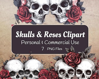 Paquete de imágenes prediseñadas de rosas y calaveras góticas: descarga digital, arte de calaveras con flores oscuras, gráficos de diseño de tatuajes, archivos PNG instantáneos