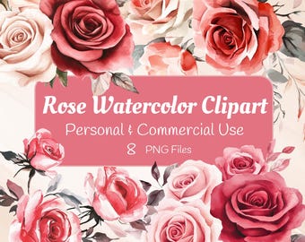 Clipart de acuarela de rosas: flores digitales de alta calidad, elementos románticos para álbumes de recortes, gráficos para invitaciones de boda, manualidades para hacer uno mismo