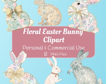 Easter Bunny Floral PNG, Girly Easter Design, Cute Spring Bunny Art, Easter Bunny Graphics, Spring Art, commercial use