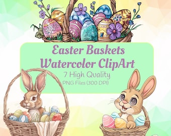 Easter Baskets Watercolor ClipArt | Easter Bunnies PNG | Bunny Clipart | Personal and Commercial Use | Watercolor Easter Clipart