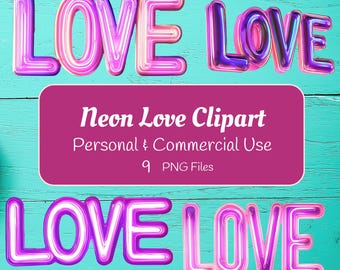 Paquete de imágenes prediseñadas de amor de neón: brillo LED vibrante, arte de palabras romántico, archivos PNG para proyectos de bricolaje, decoración de fiestas, redes sociales, manualidades y San Valentín