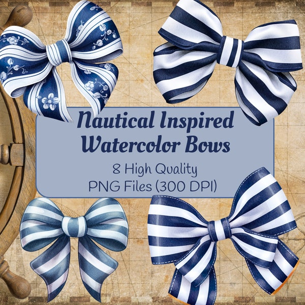 Nautical Inspired Watercolor Coquette Bow Clip Art | Blue and white striped Bow PNG | Nautical Png | Commercial Use | Digital Download