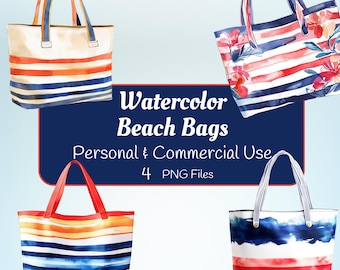 Watercolor Beach bagsPNG, Summer Clipart, Digital Download, Fun Pool Party Graphics, Beach Theme
