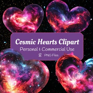 Cosmic Heart Clipart Pack - Vibrant Galaxy Love Hearts Digital Download, Space-Themed Art, Celestial Graphics, Instant PNG Files