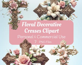 Floral Decorative Crosses Clipart, Elegant Decorative Crosses, Digital Download for Easter Crafts, Spring Floral PNG