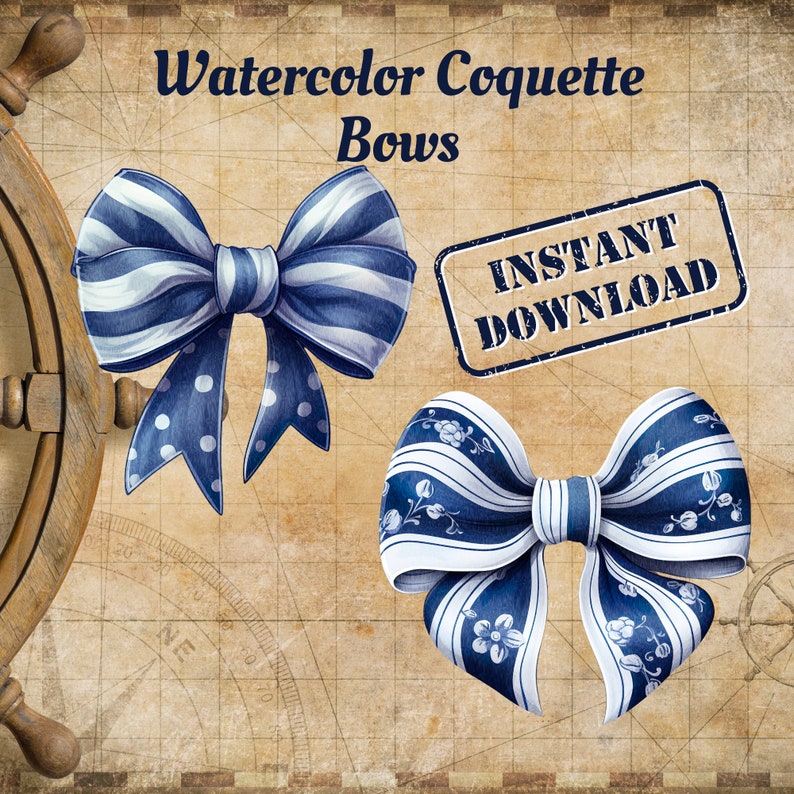 Nautical Inspired Watercolor Coquette Bow Clip Art | Blue and White ...