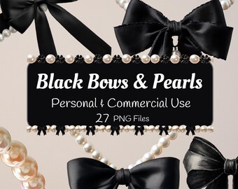 Paquete de imágenes prediseñadas de lazos y perlas negras / Conjunto PNG de estilo coqueto / Elementos elegantes para bodas y papelería de lujo / Descarga digital