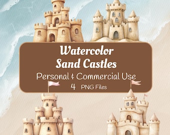 Castillo de arena de acuarela PNG, clipart de playa para niños, descarga digital de verano, arte imprimible para manualidades, uso comercial permitido