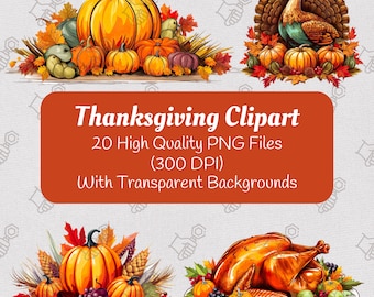 Könnte beinhalten: Thanksgiving-Clipart-Set mit 20 hochwertigen PNG-Dateien mit 300 DPI. Das Set enthält Bilder von Kürbissen, Herbstblättern, einem Truthahn und einem gebratenen Truthahn. Alle Bilder haben transparente Hintergründe.
