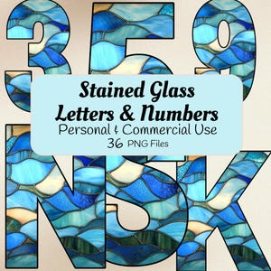 Stained Glass Alphabet Clipart, Beach Blue Decorative Letters and Numbers, Creative Alphabet, Digital Download, 36 High Quality PNG Files