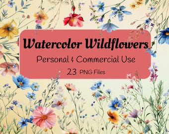 Summer Flowers, Watercolor Wildflowers Clipart, Floral Elements,  Digital Download, Commercial Use, Watercolor Flowers, Floral Clipart