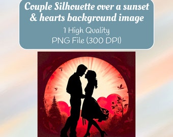 Silueta de pareja sobre una puesta de sol y corazones imagen de fondo PNG / Descarga instantánea / Descarga digital / uso comercial