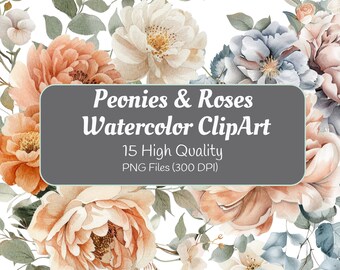 Peonies and Roses Clipart | Commercial Use Floral Png | Watercolor Floral bouquet| Design Element png | Watercolor clip art