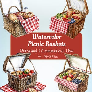 Watercolor Picnic Baskets PNG, Summer Basket PNG, Digital Download,  Cute Food Illustrations, Watercolor Picnic Clipart