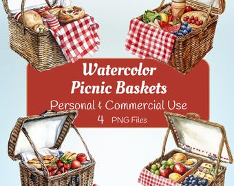Watercolor Picnic Baskets PNG, Summer Basket PNG, Digital Download,  Cute Food Illustrations, Watercolor Picnic Clipart