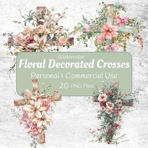 Aquarell Blumen geschmückte Kreuze, Kreuz Clipart Png, dekoriertes Kreuz mit Rosen, Blumenkreuz PNG, kommerzielle Nutzung, Sofort-Download