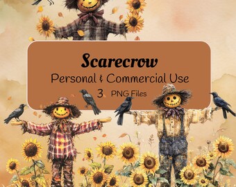 Scarecrow Clipart |  Sunflower Scarecrow | Autumn Clipart |  Fall Images | Autumn Png | Instant Download | Commercial Use