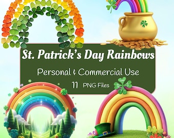 Paquete de imágenes prediseñadas de arcoíris del Día de San Patricio: 11 archivos digitales, gráficos de tréboles coloridos para proyectos de bricolaje, invitaciones y decoración del hogar