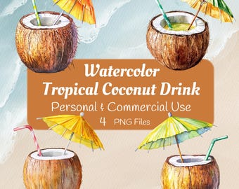 Tropical Coconut Drink Clipart Bundle | Watercolor Summer Coconut PNGs | Beach Drink Graphics, Commercial Use