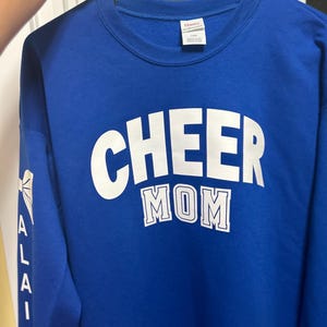 Cheer mom Personalized sweatshirt with megaphone & names on sleeve | custom made sweatshirt