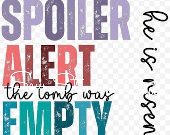 Op de afbeelding: Een kleurrijk grafisch ontwerp met de tekst "Spoiler Alert the tomb was empty" en de tekst "he is risen" aan de rechterkant.