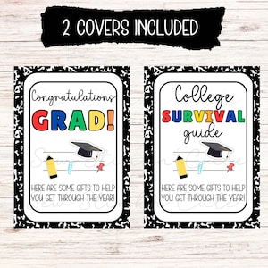 Samenstelling notebook cadeaukaart pagina voor afstuderen, afdrukbare cadeaubon boek, afstudeercadeau, college cadeau, college survival cadeaubon boek