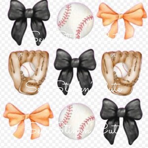 May include: Nine digital clipart images of baseball-themed items.  The images include a baseball, a baseball glove, and a bow in black, orange, and white.
