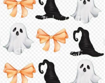 Halloween Coquette Laços Laranja Fantasmas e Chapéu de Bruxa Feminino PNG, Arquivo Digital de Halloween, DTF Imprimível Feminino, Design Fantasma Feminino
