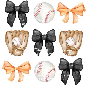 May include: Nine watercolor illustrations of baseball-themed stickers. The stickers include baseballs, baseball gloves, and black and orange bows.