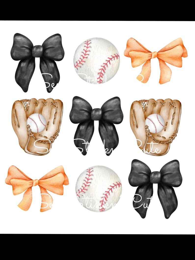 May include: Nine watercolor illustrations of baseball-themed stickers. The stickers include baseballs, baseball gloves, and black and orange bows.