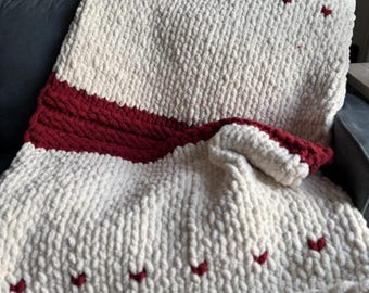 Handmade Chunky Knit Chenille Throw Blanket, Heart Stripe