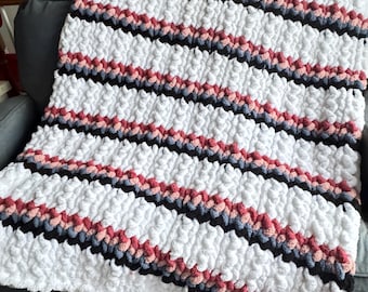 Multicolored Stripes and White Super Chunky knit blanket, Chenille blanket, Chunky blanket, Chunky Knit, Team Chunky Knit blankets
